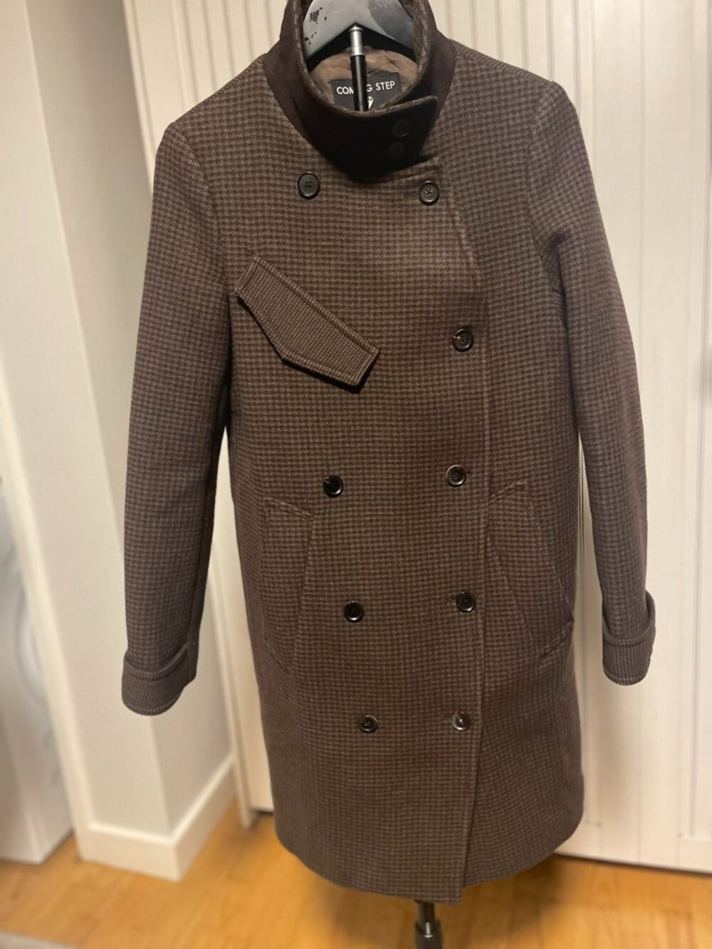 COMING STEP Wool Blend Double-Breasted Coat Brown Houndstooth Small